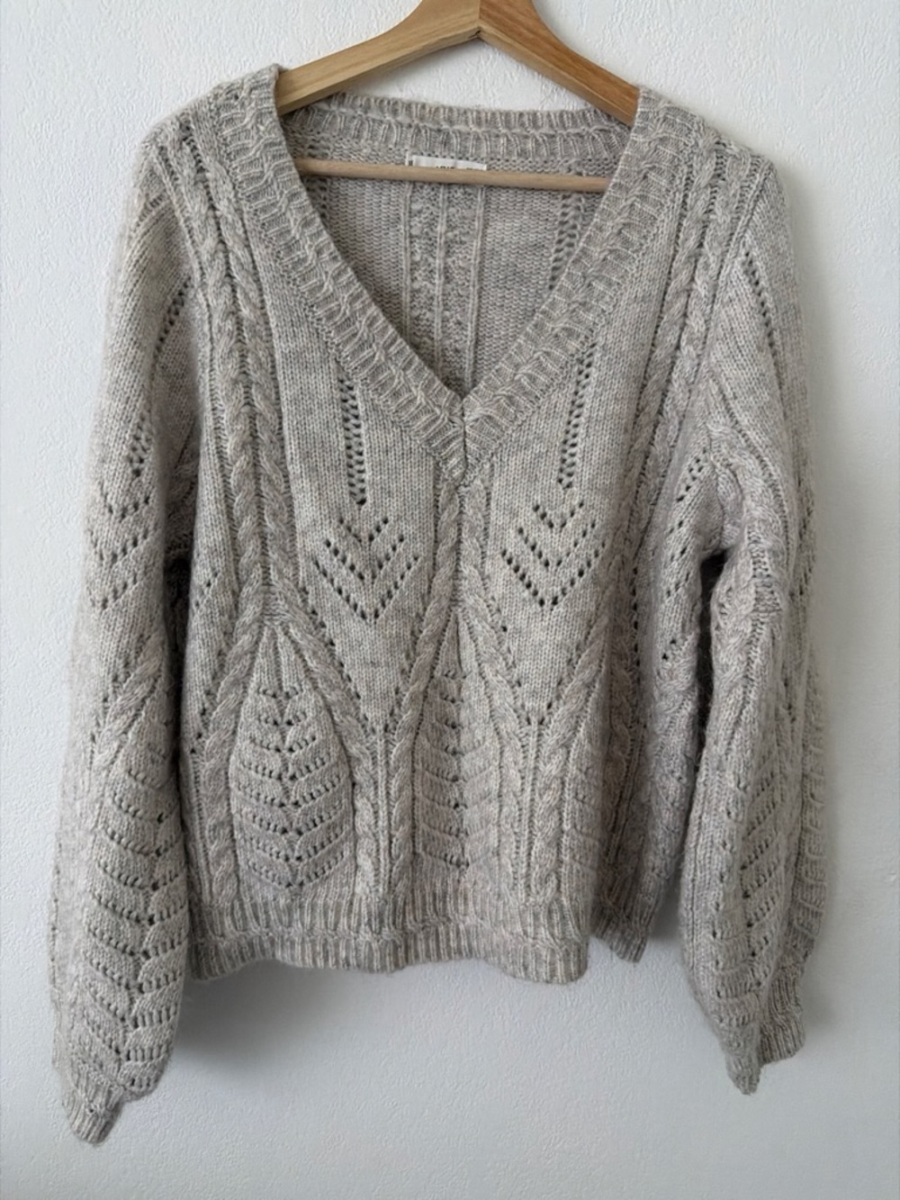 Mango Neutral V-Neck Cable & Leaf Stitch Sweater
